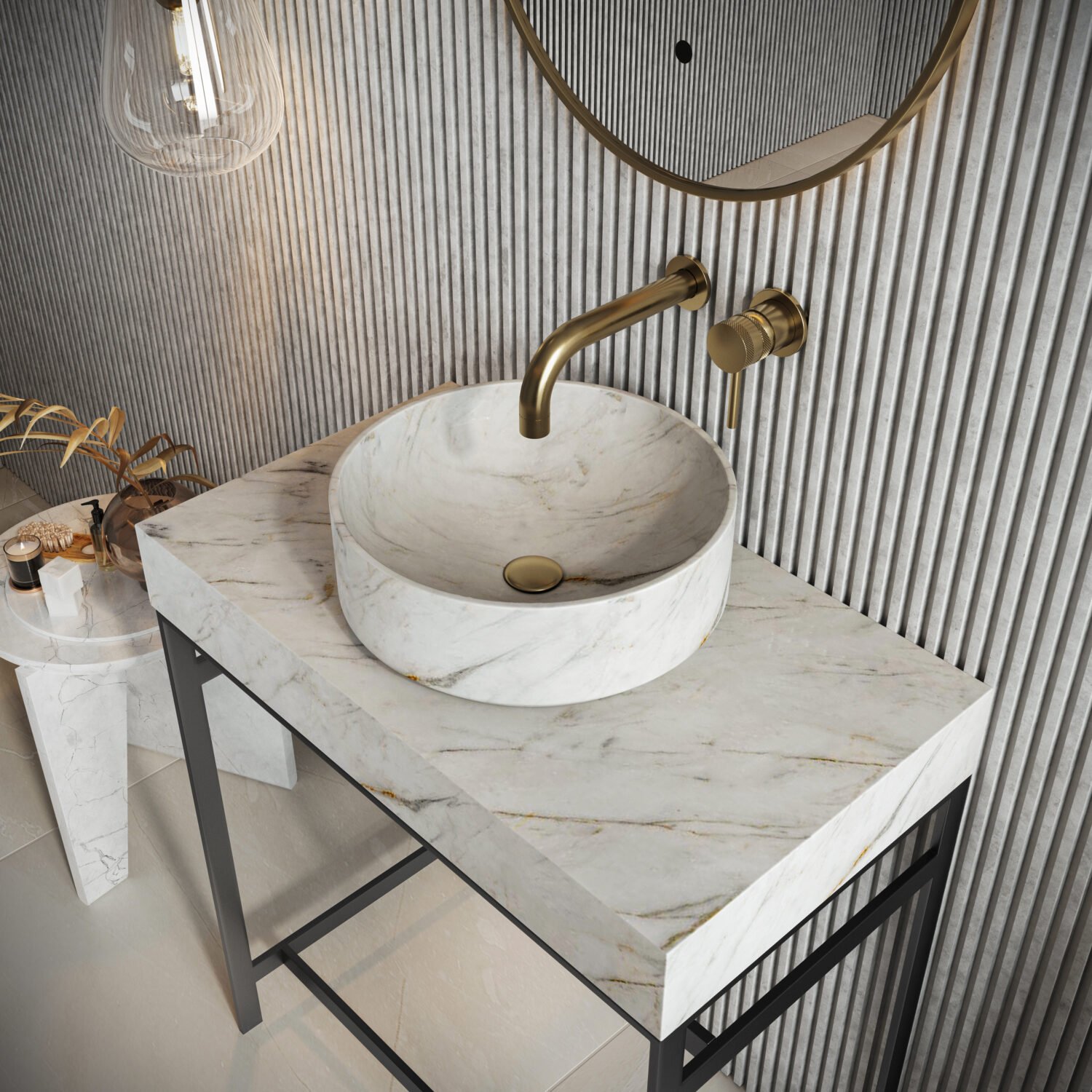 BASINMB-350-ARABESCATO_INSITU_001-1500x1500-1.jpg Sanctuary Arabescato White Round 350 Marble Basin - Image 1